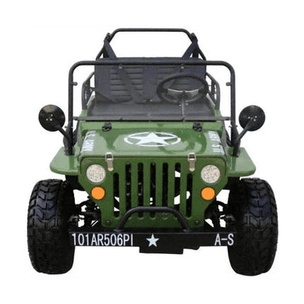 Front view of olive drab green mini jeep style ATV with vertical grille