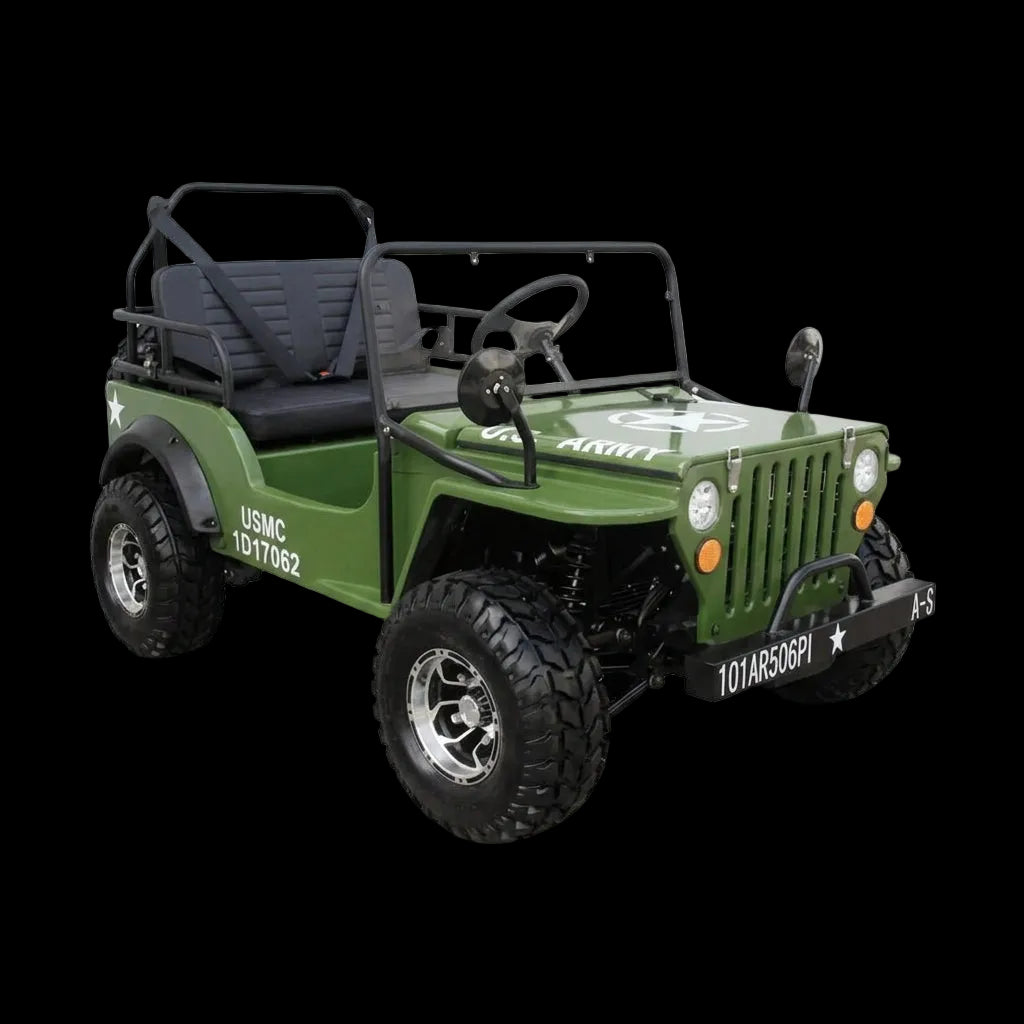 Front three-quarter view of olive drab green mini jeep with star decal