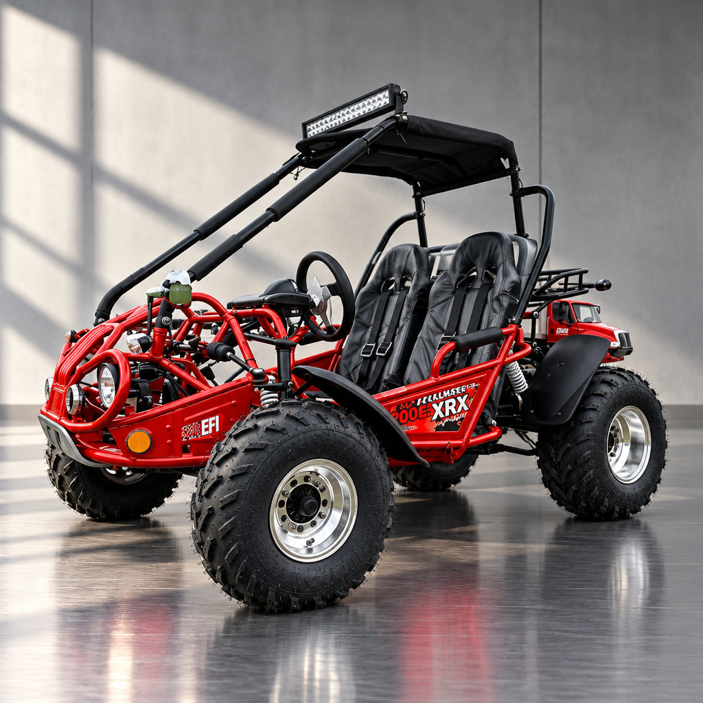 Red Trailmaster 200 EFI go kart with polished aluminum wheels parked on grass