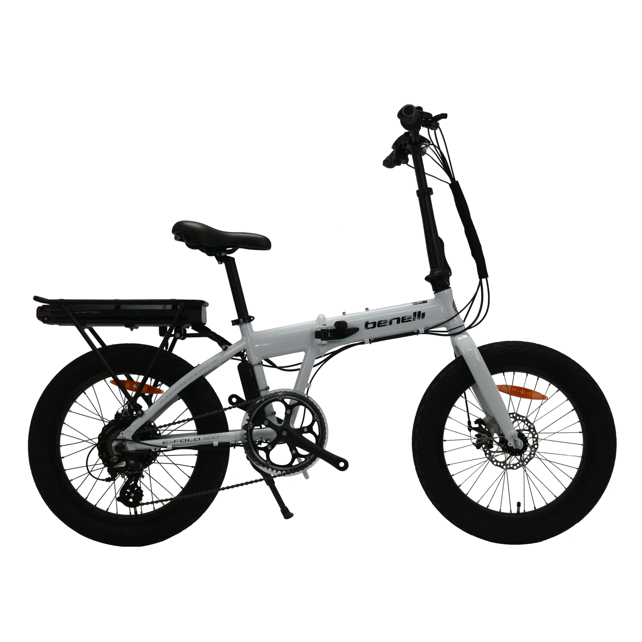 White Benelli E-Fold 500 folding electric bike side profile with orange reflectors