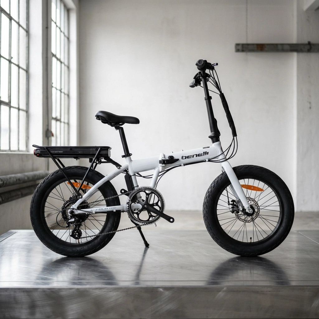 White Benelli E-Fold 500 folding electric bike side profile with orange reflectors