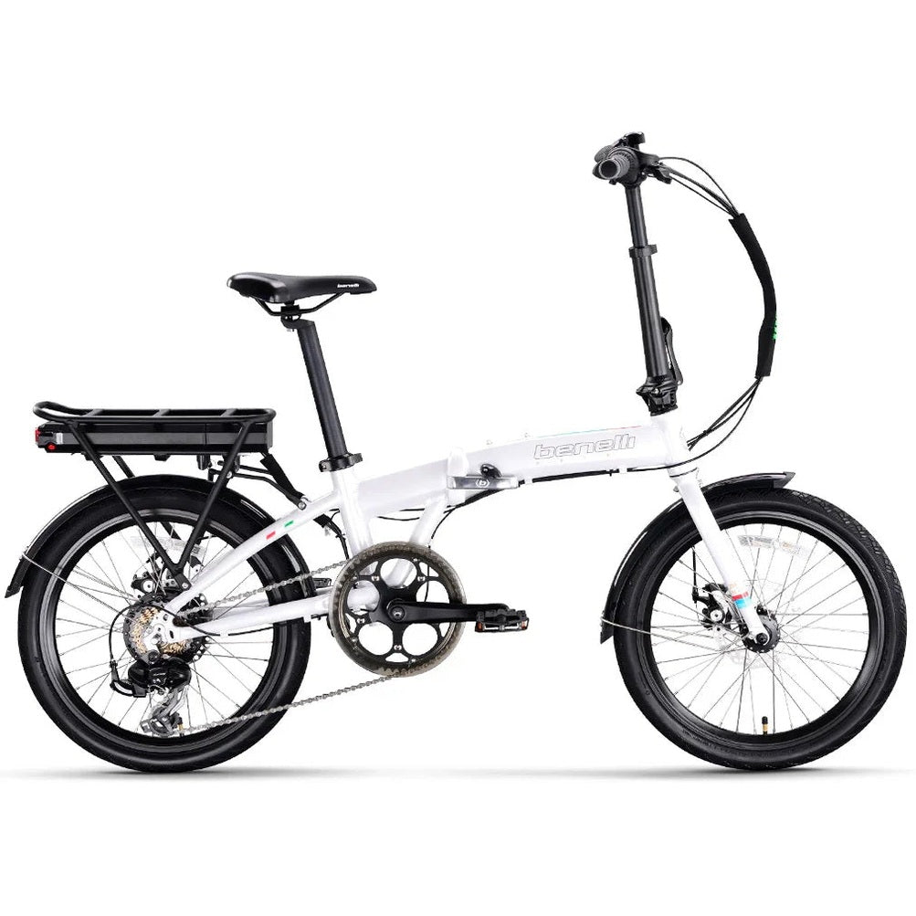 White Benelli folding electric bike with Italian flag sticker and thin tires