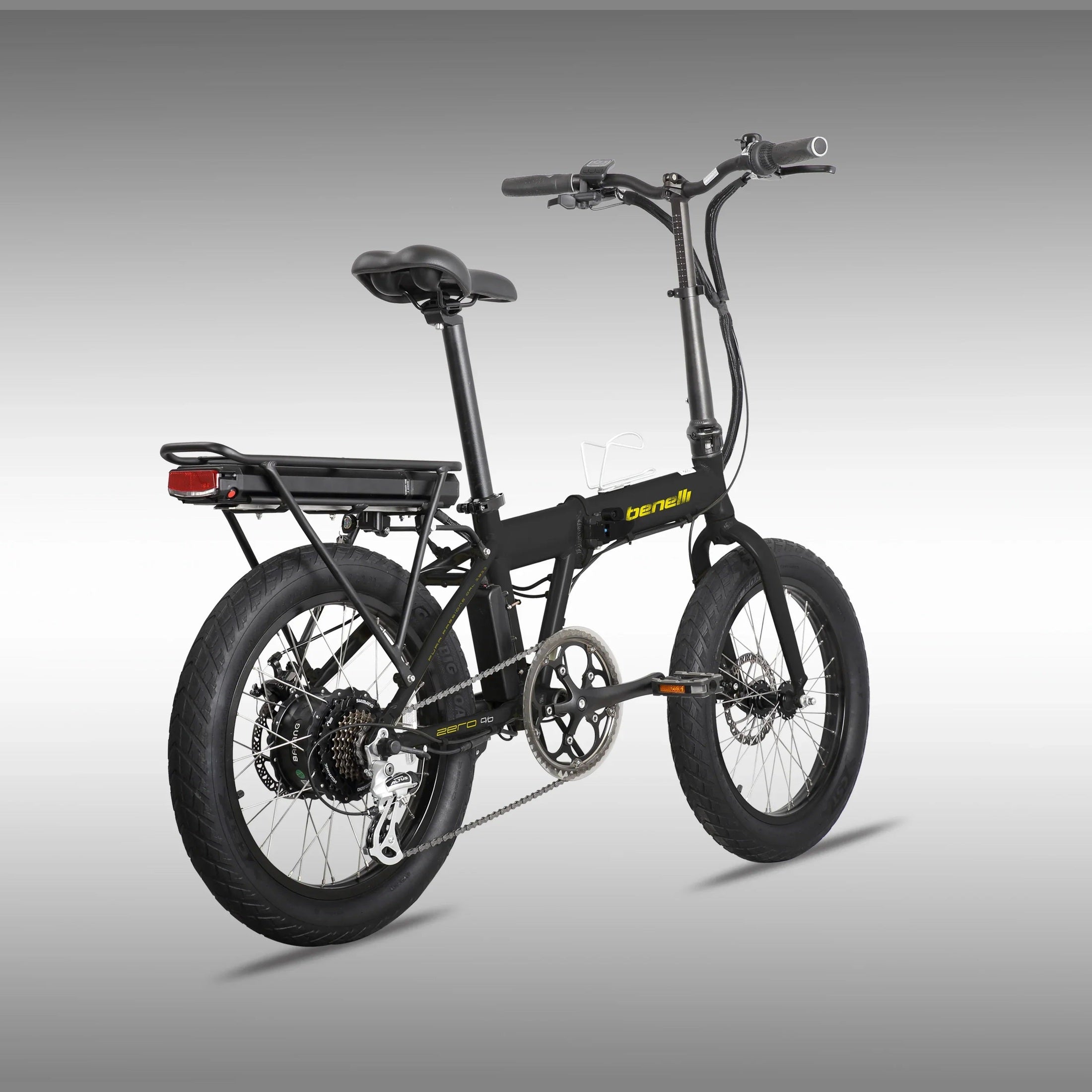 Unfolded black Benelli E-500 electric bike with extended fork and cargo rack