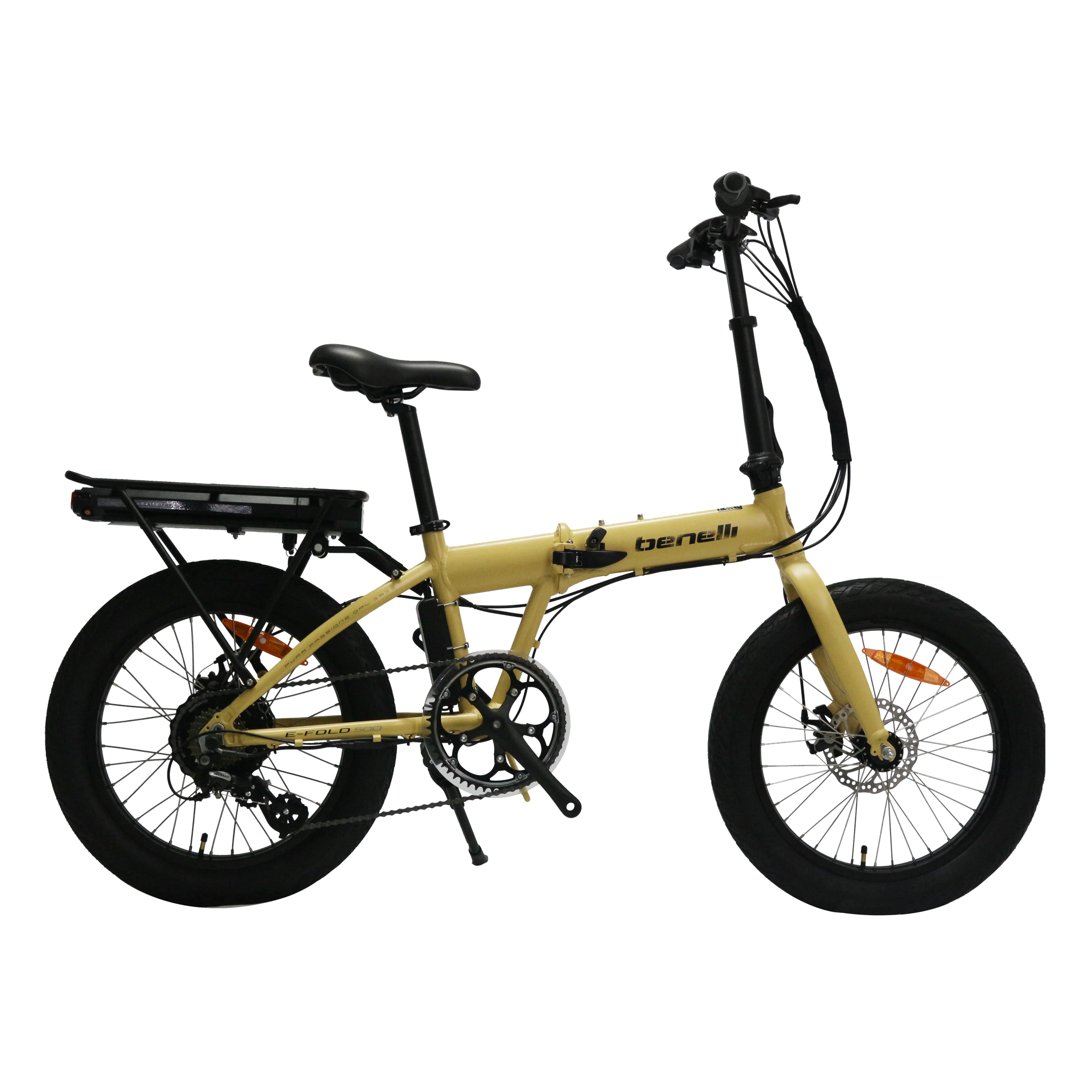 Yellow Benelli E-Fold 500 folding electric bike with orange reflectors and chain drive