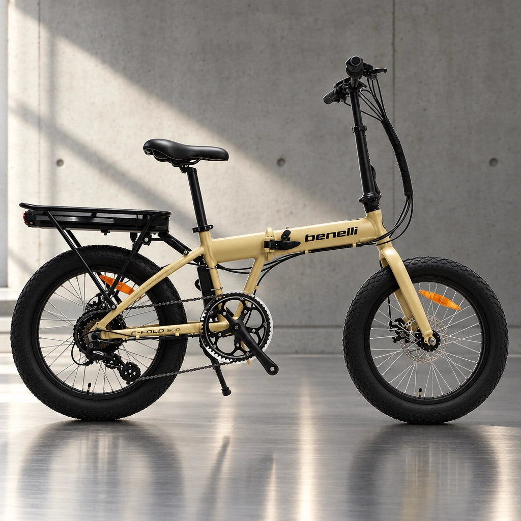 Yellow Benelli E-Fold 500 folding electric bike with orange reflectors and chain drive