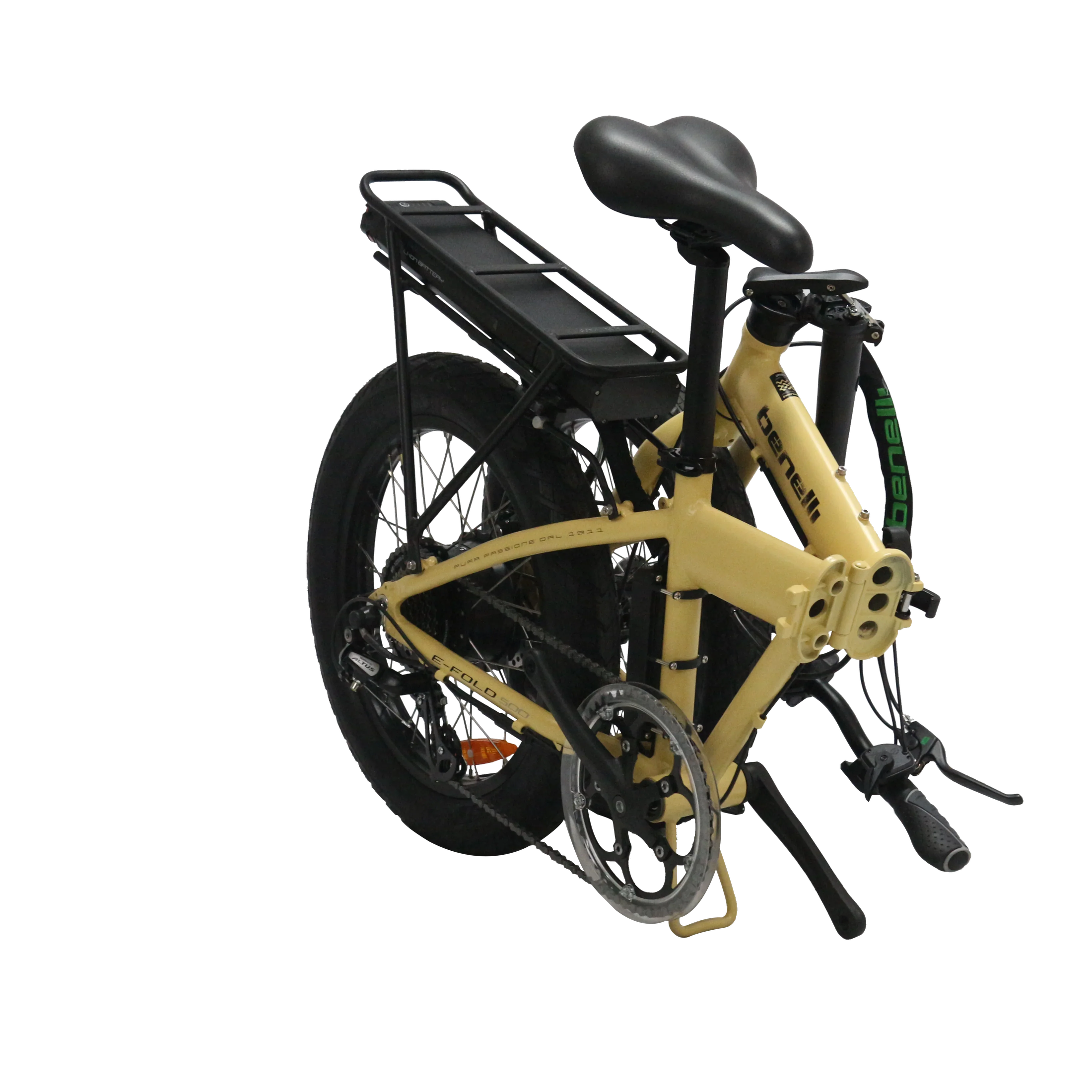 Rear view of folded yellow Benelli folding e-bike showing hinge mechanism and rear rack