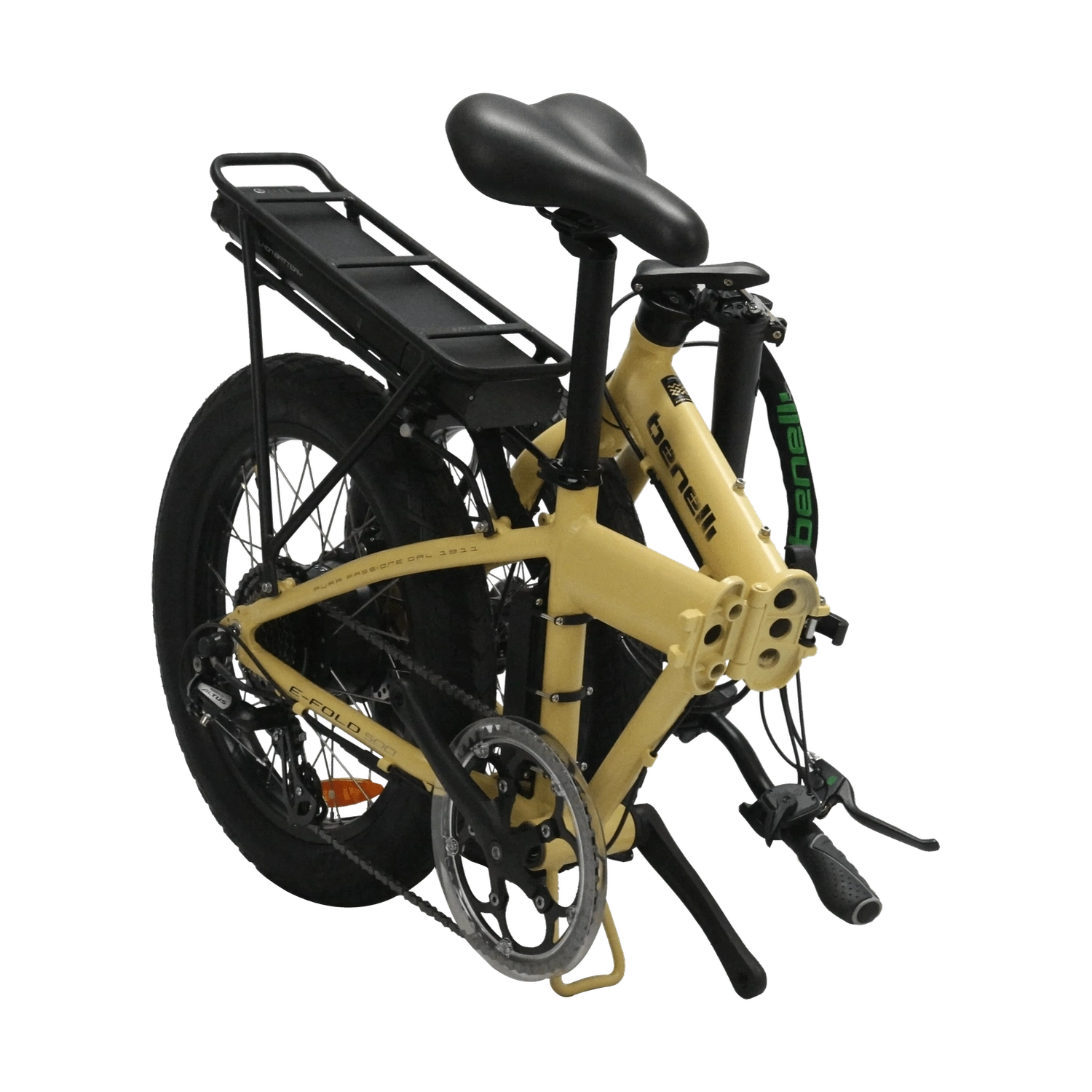 Rear view of folded yellow Benelli folding e-bike showing hinge mechanism and rear rack