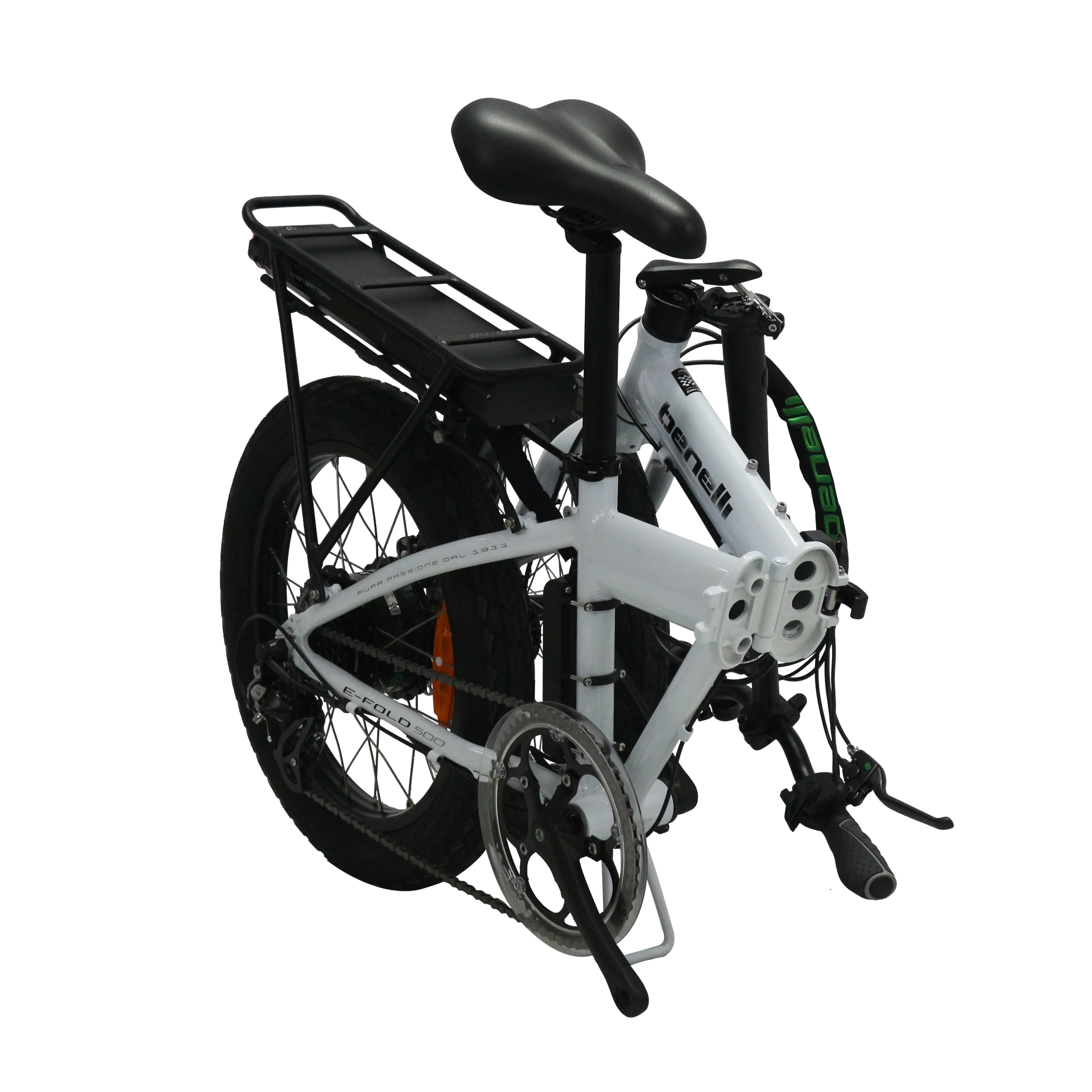 White Benelli E-Fold 500 folding electric bike with black components and knobby tires