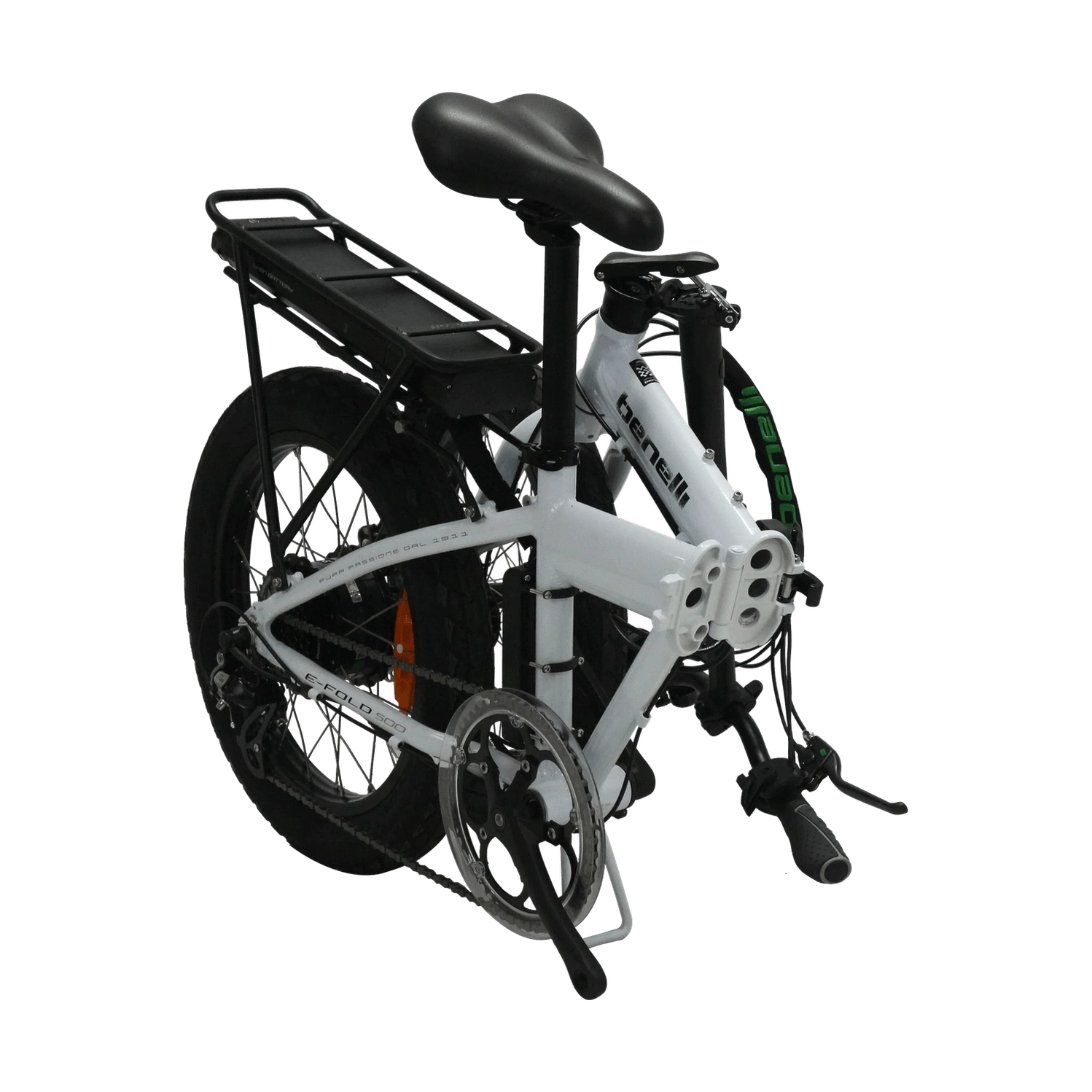 White Benelli E-Fold 500 folding electric bike with black components and knobby tires