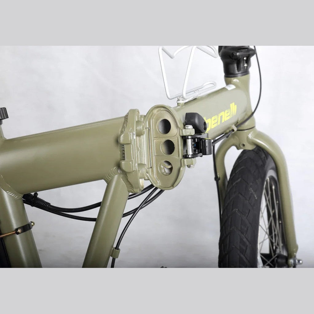 Detail shot of olive green Benelli folding hinge latch and cable routing on frame