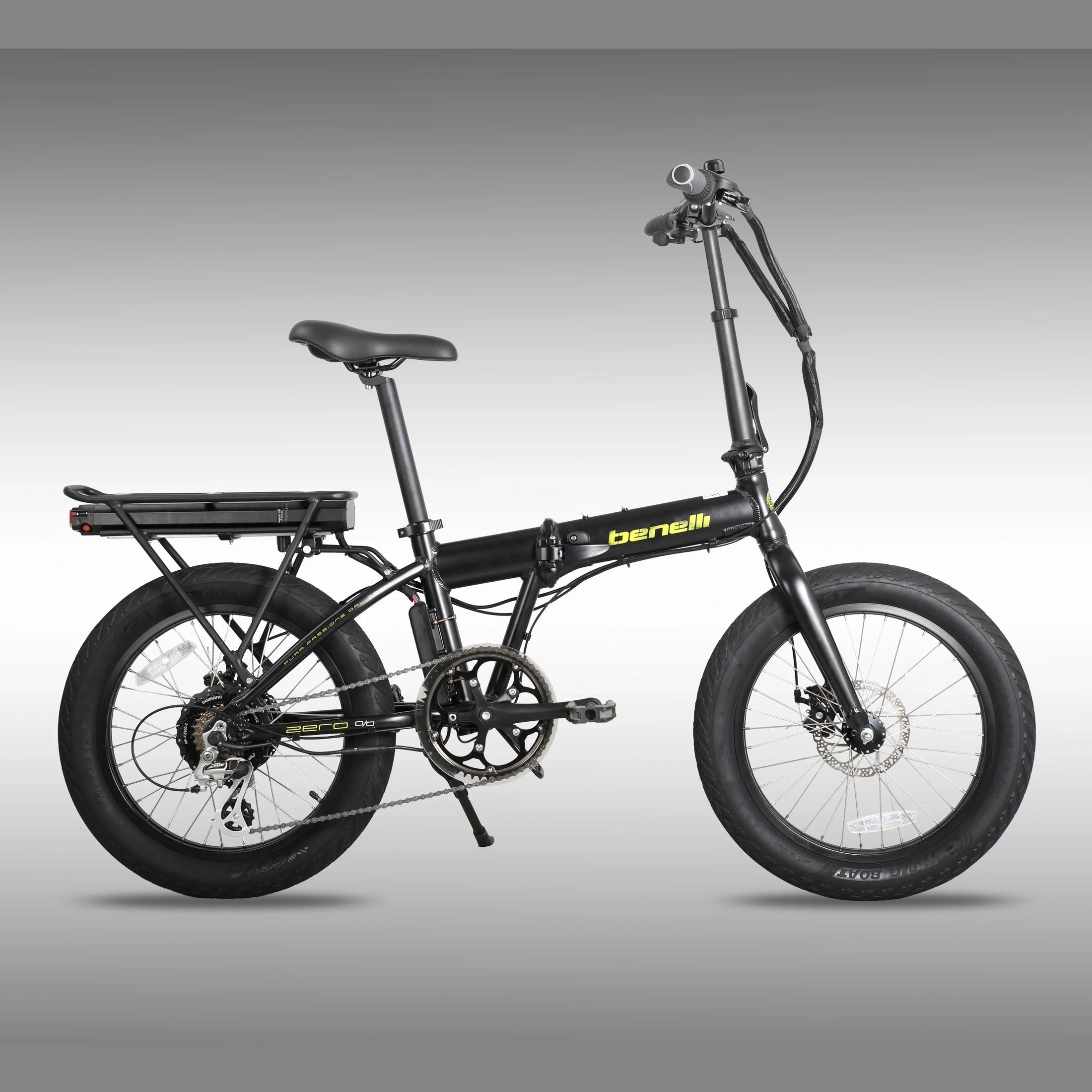 Black Benelli E-Fold 500 side profile showing extended fork and central folding hinge
