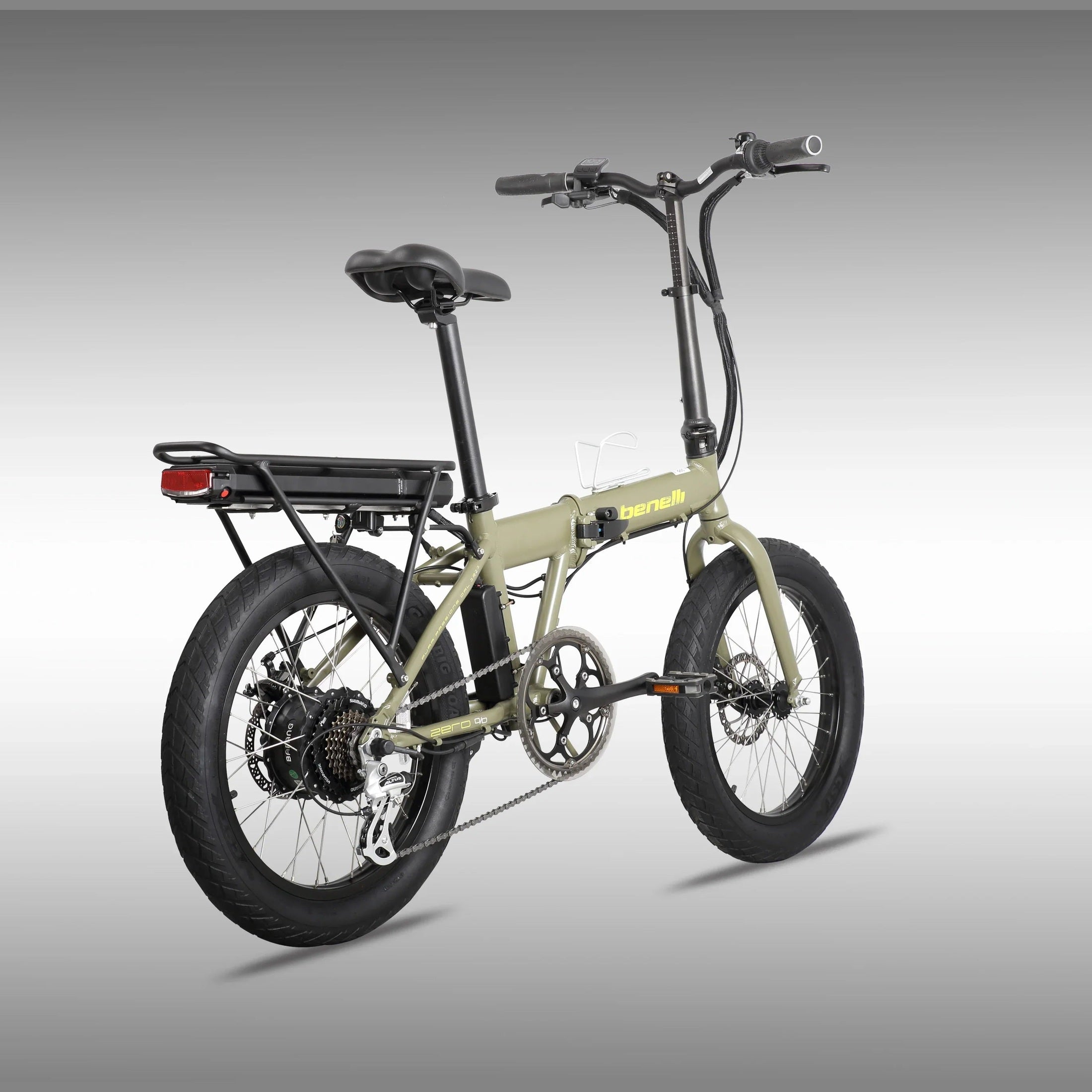 Olive green Benelli folding electric bike in side profile with integrated battery rack