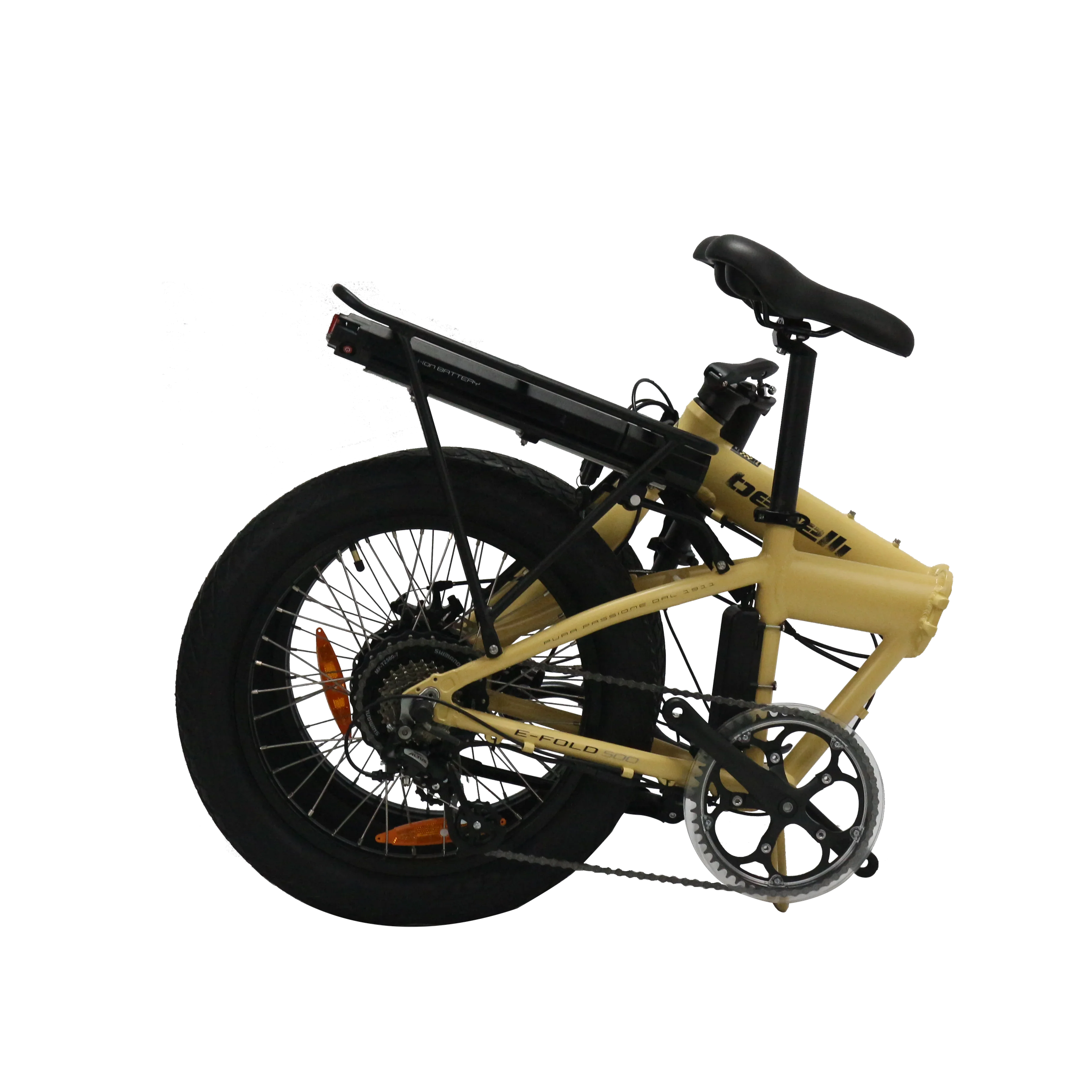 Folded yellow Benelli E-Fold 500 electric bike with matte frame and black components