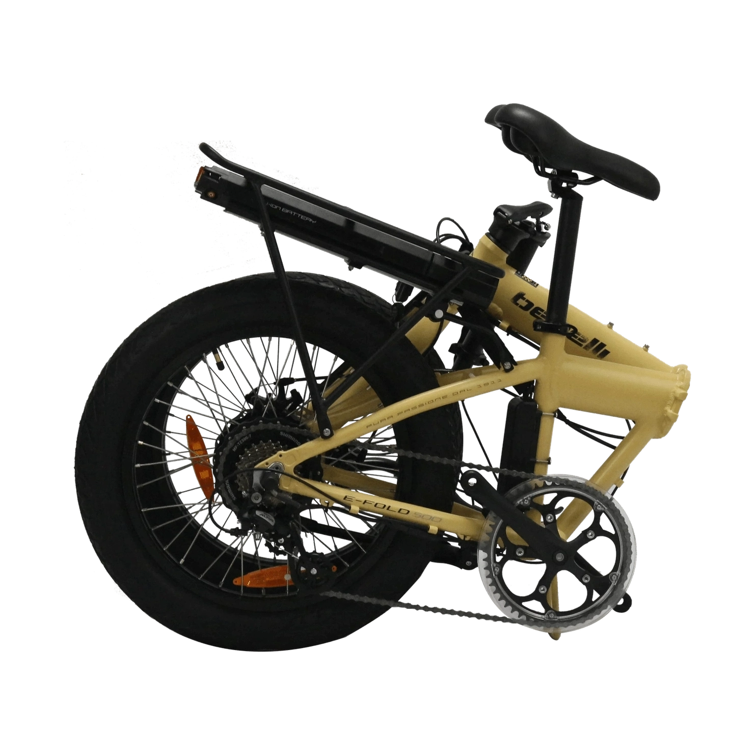 Folded yellow Benelli E-Fold 500 electric bike with matte frame and black components