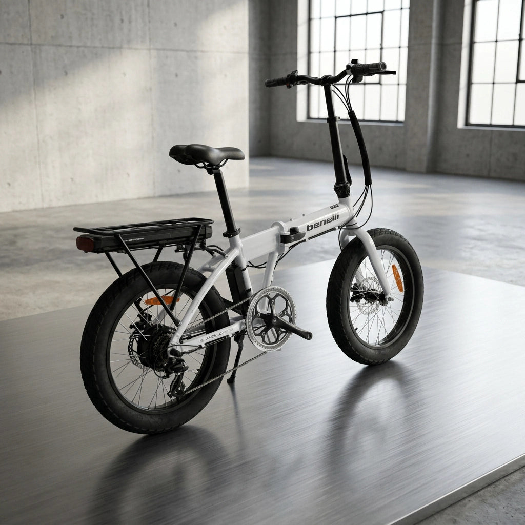 White Benelli folding electric bike full side profile with orange reflectors
