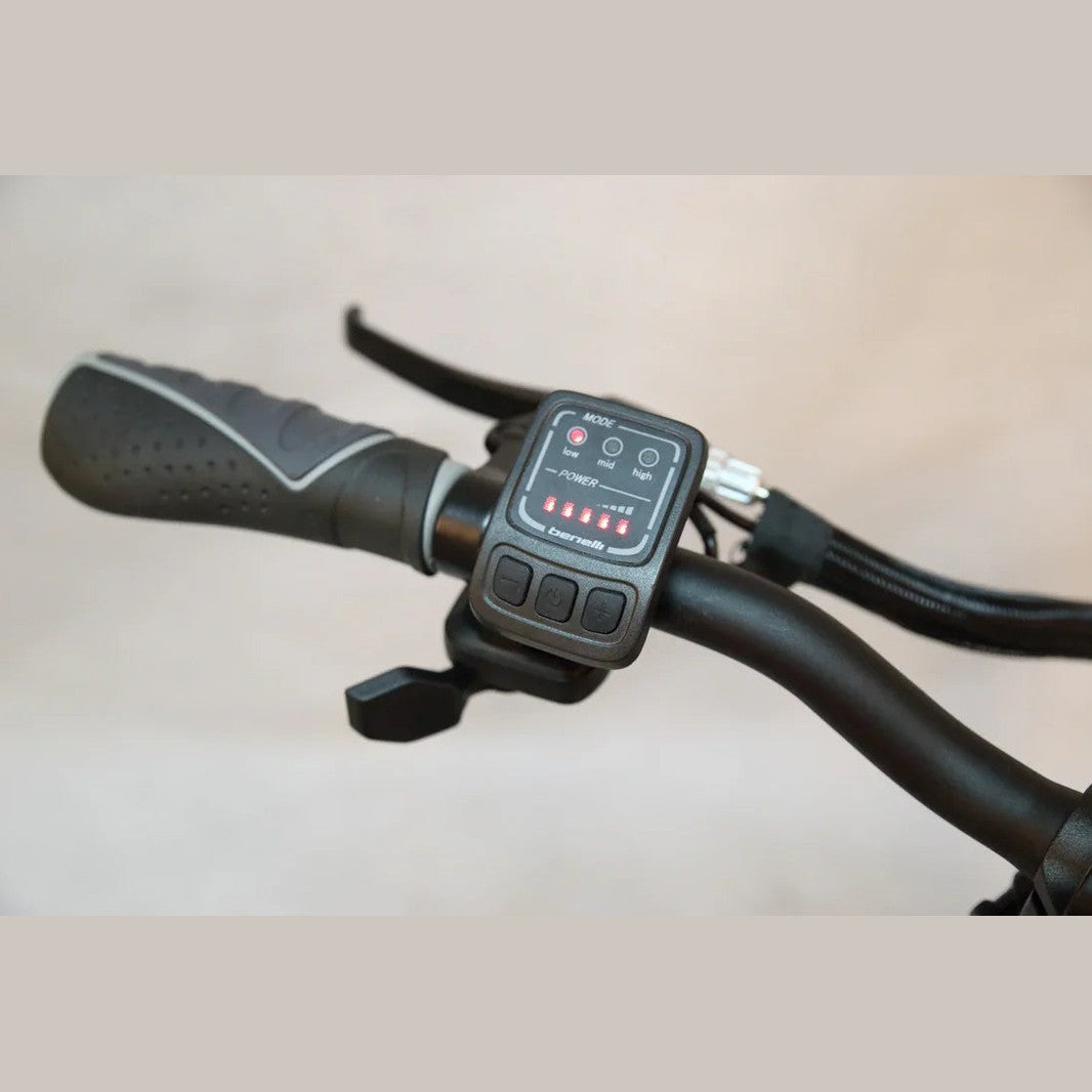 Benelli digital display on handlebar showing low mid high modes and power indicator