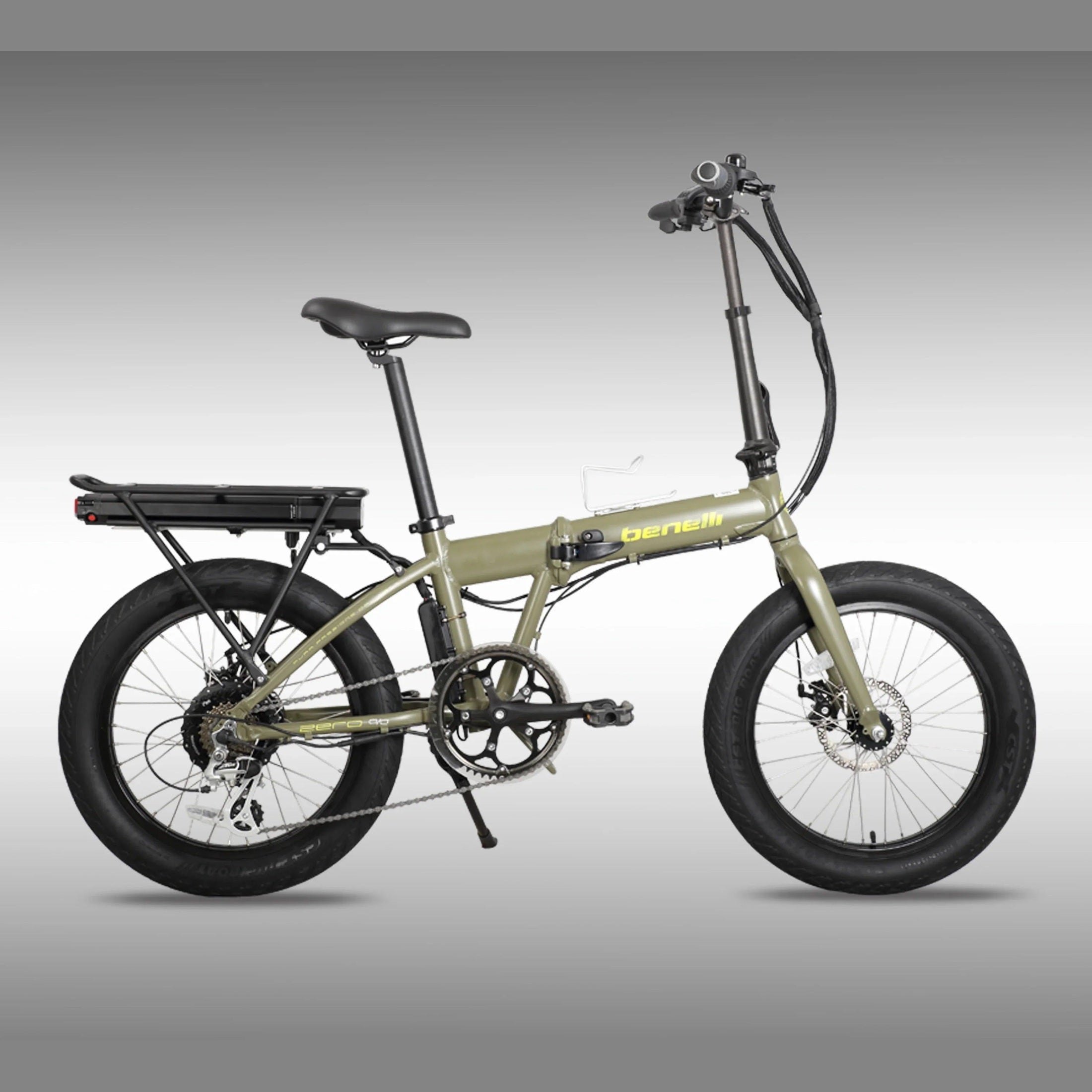 Olive green Benelli folding electric bike studio shot with cargo rack