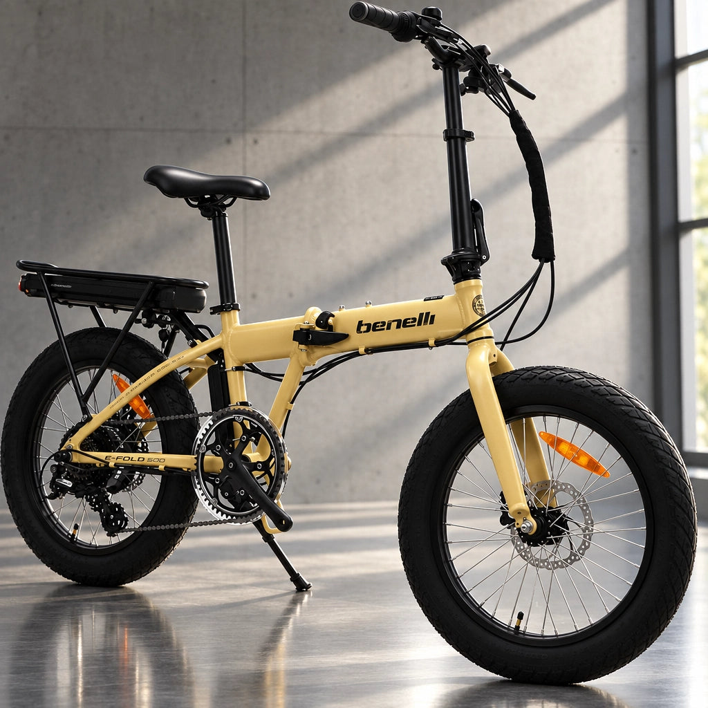 Yellow Benelli E-Fold 500 folding electric bike with black components and kickstand