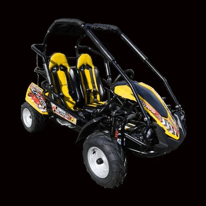 Yellow and black TrailMaster Blazer 200R go-kart side profile
