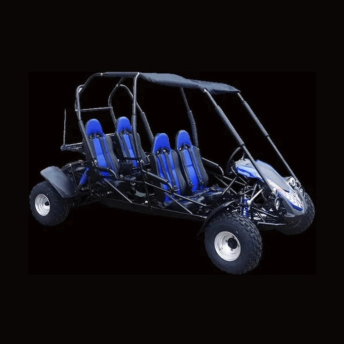 Rear angle of blue seat TrailMaster Blazer go kart on black background