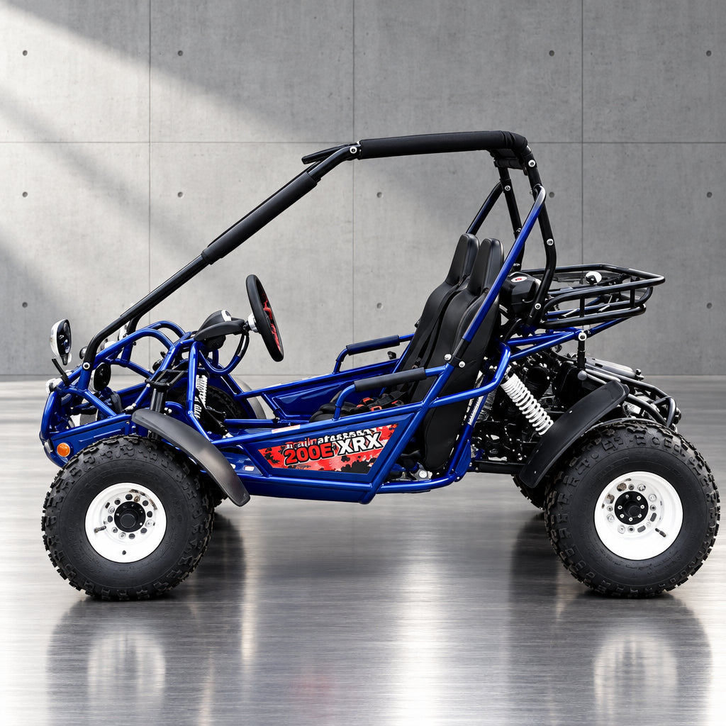 Blue Trailmaster 200E-XRX go kart with white rims and visible suspension springs