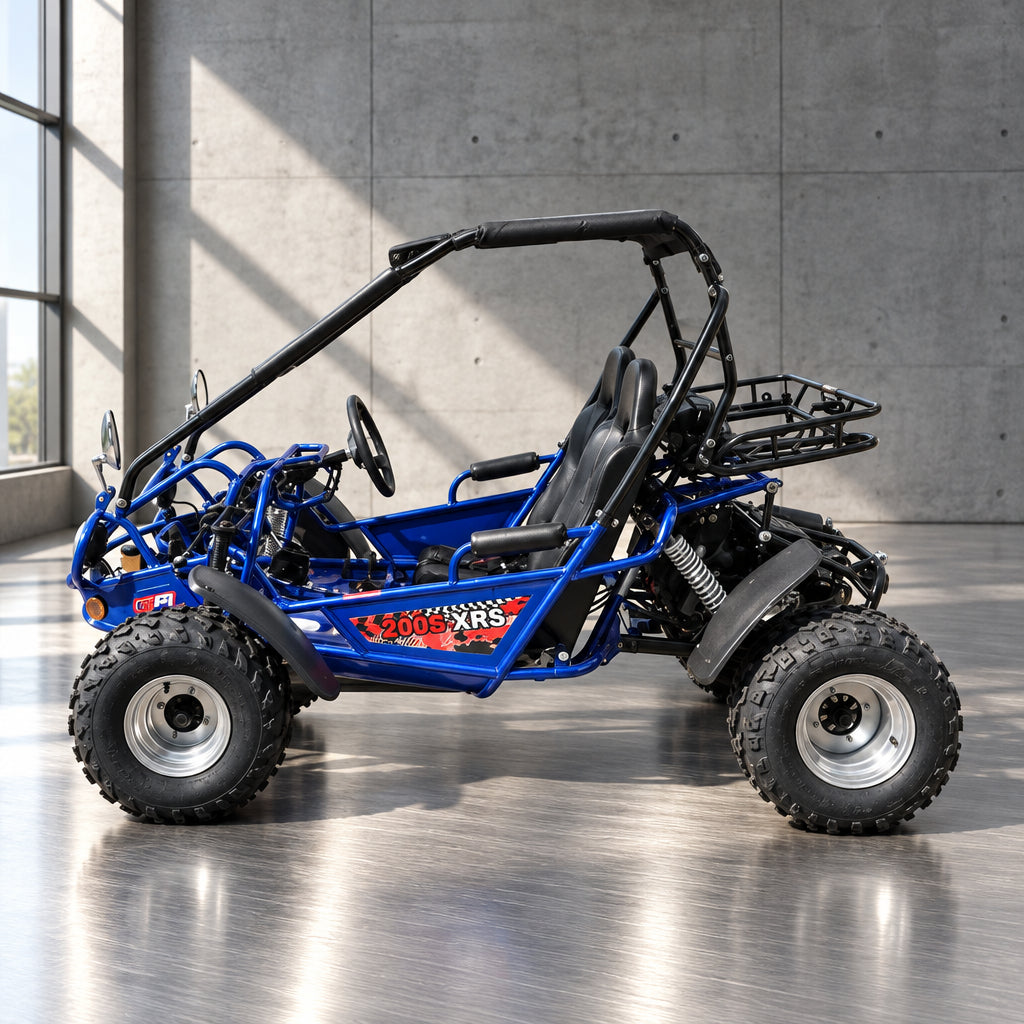 Blue TrailMaster 200E XRS go kart outdoor side profile