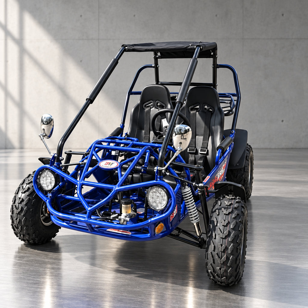 Blue TrailMaster 200E XRS EFI go kart with roll cage and canopy