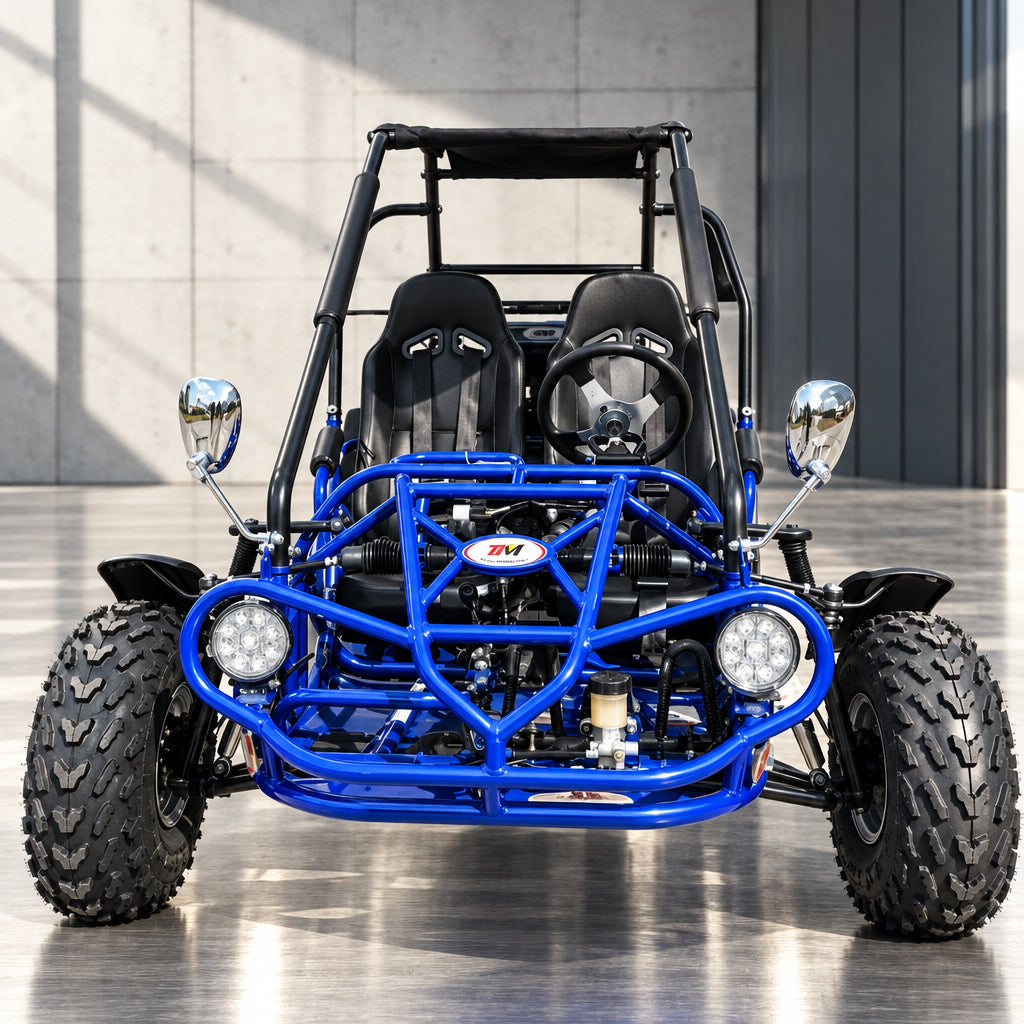 Front view of blue TrailMaster go kart LED headlights