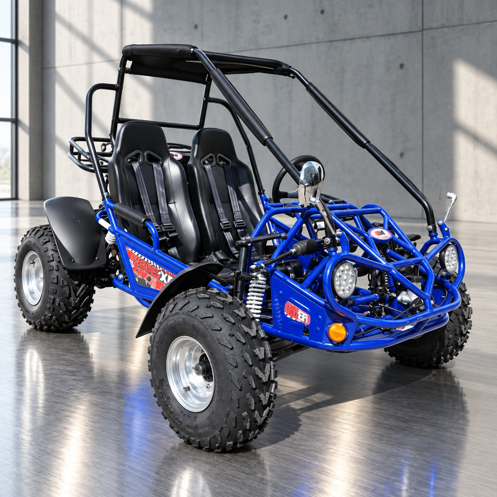 Blue 200E XRS go kart side view with 200cc EFI decal