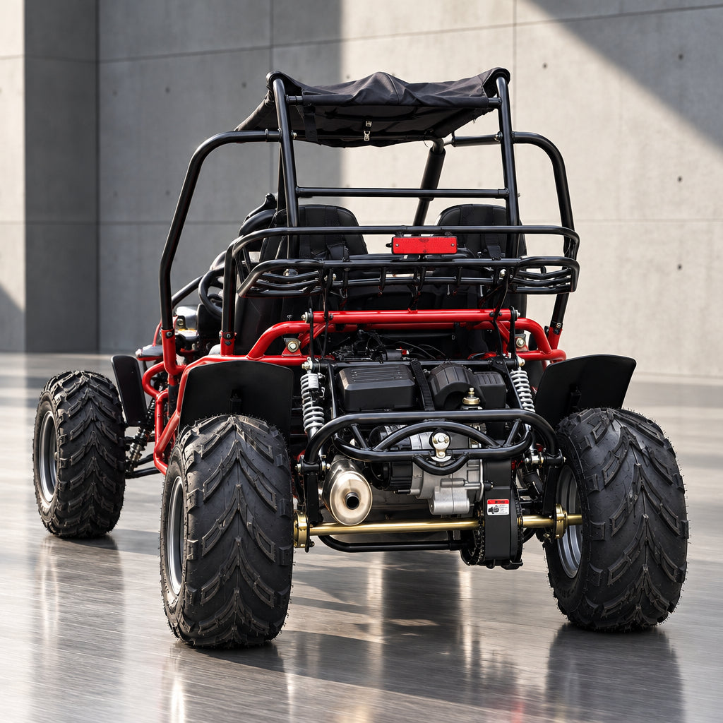 Rear view of blue go kart exposed engine and cargo rack