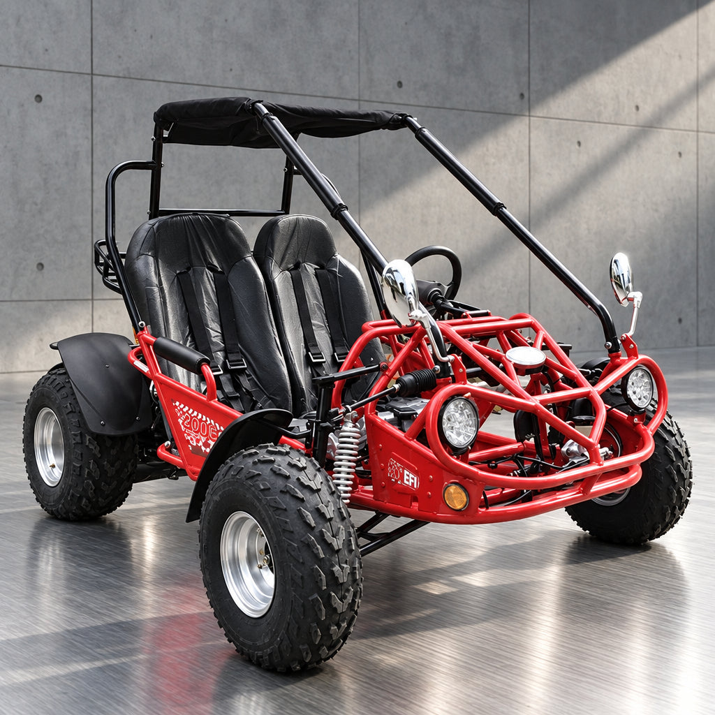 Red TrailMaster 200E XRS go kart with plastic-wrapped seats