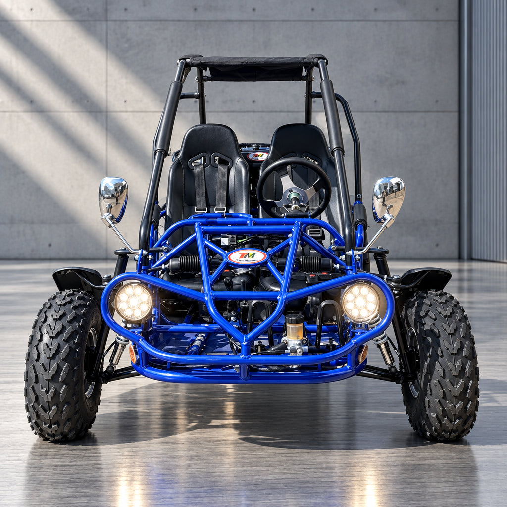 Trailmaster Front view of blue go kart with chrome mirrors and logo