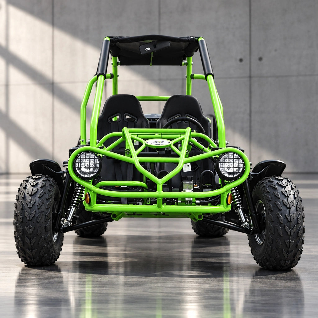 Green TrailMaster 200 XRS front view with headlights and bumper