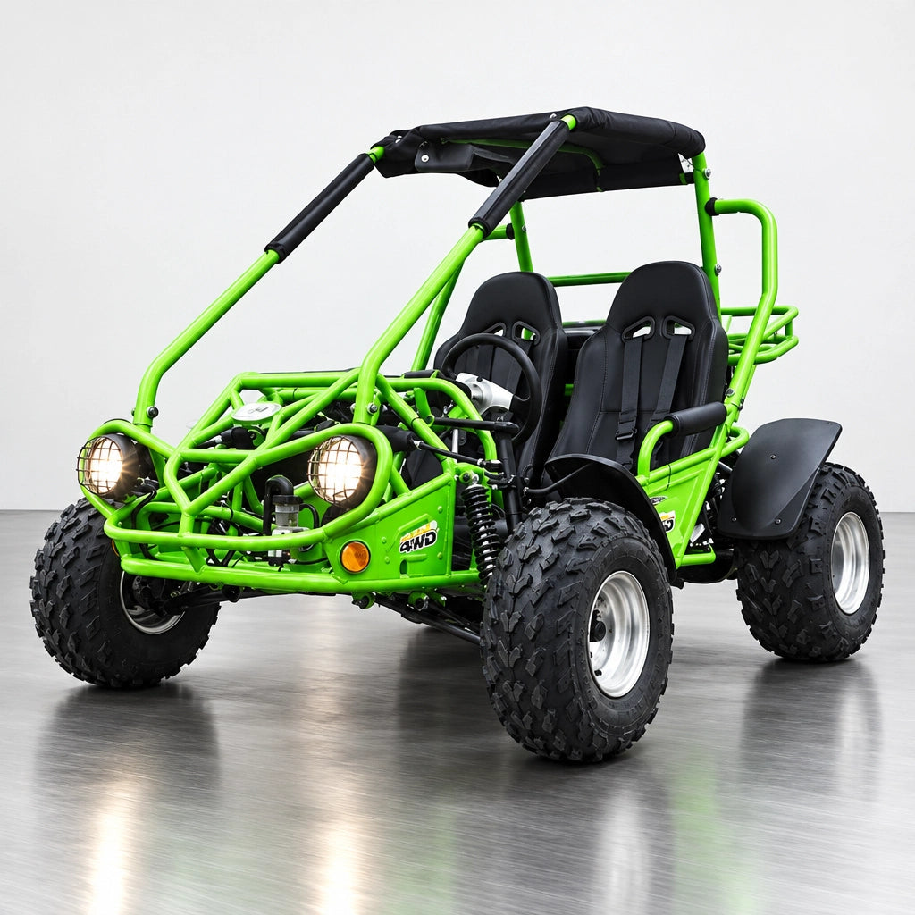 Green TrailMaster 200 XRS three-quarter view showing suspension