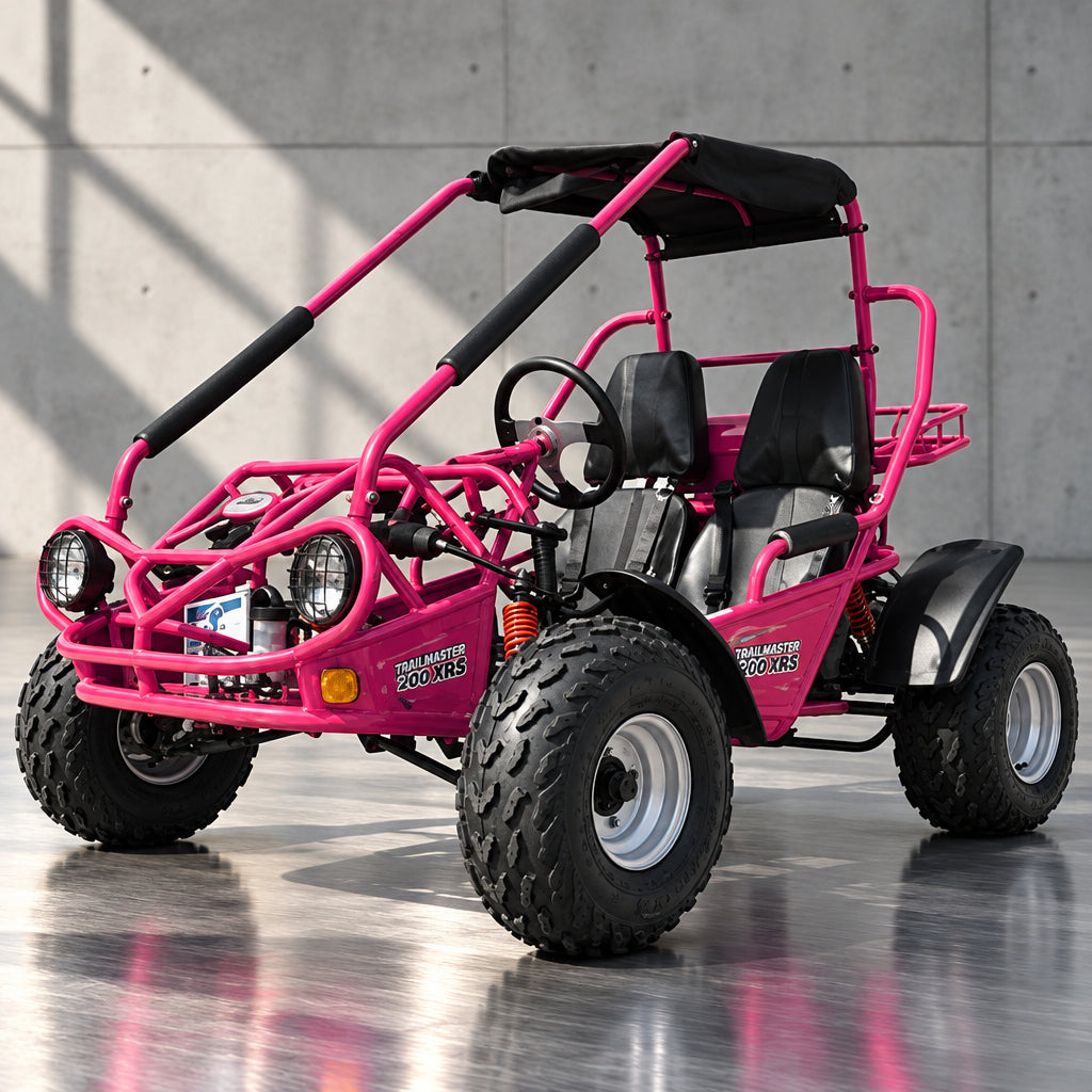 Red TrailMaster 200 XRS go kart with black seats and canopy