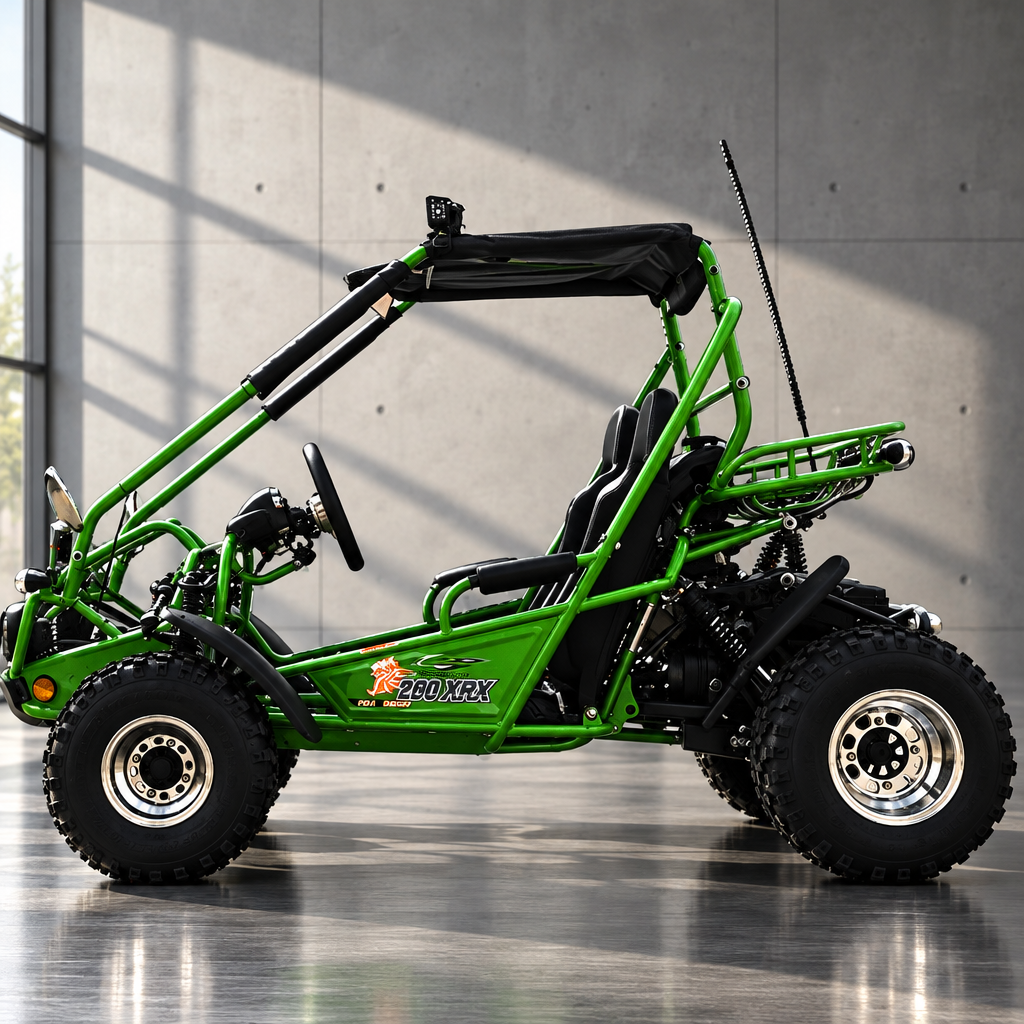 Side profile of green Trailmaster Ultra 200E-XRX go kart with tubular frame and antenna