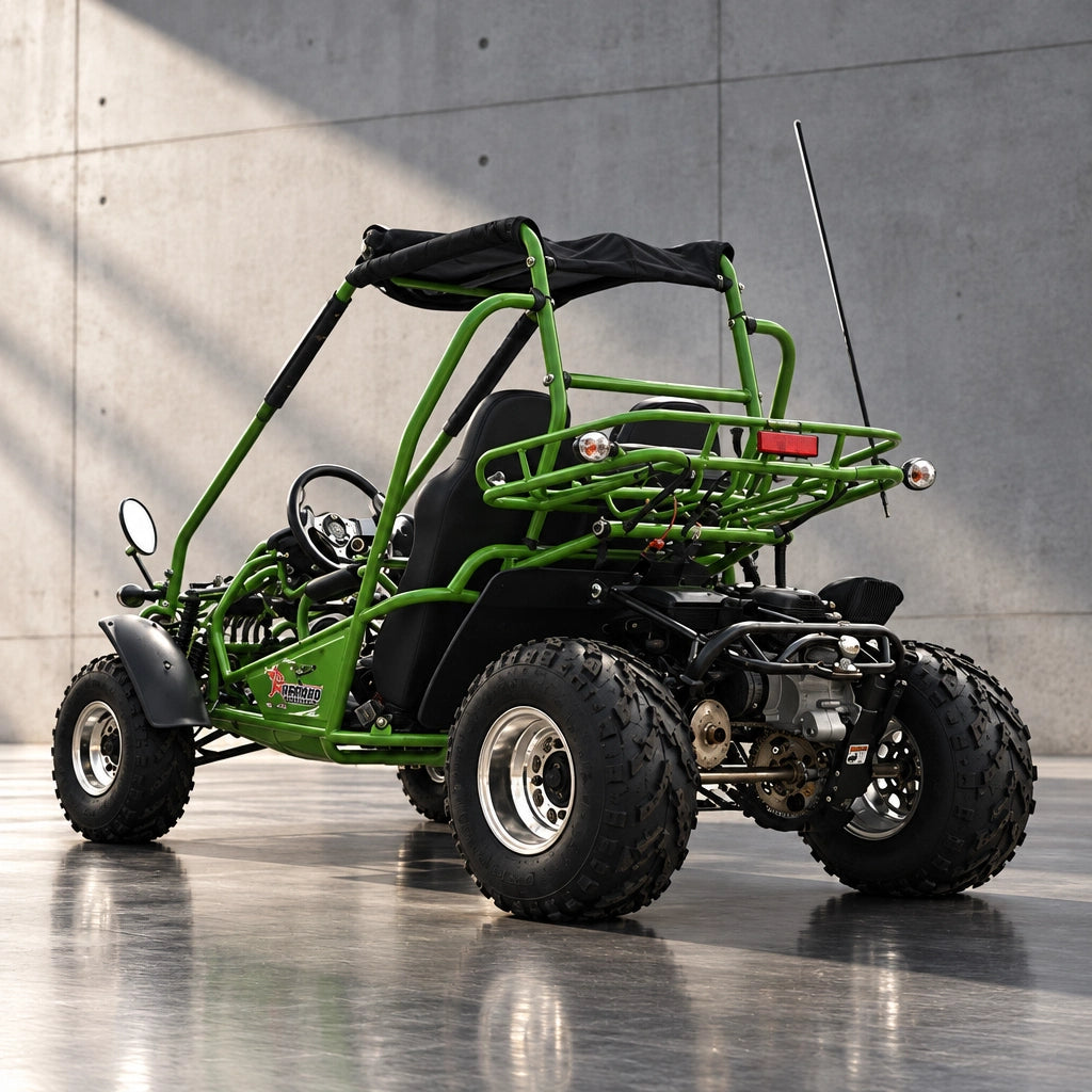 Three-quarter rear view of green go kart with black fabric sunshade and armrests