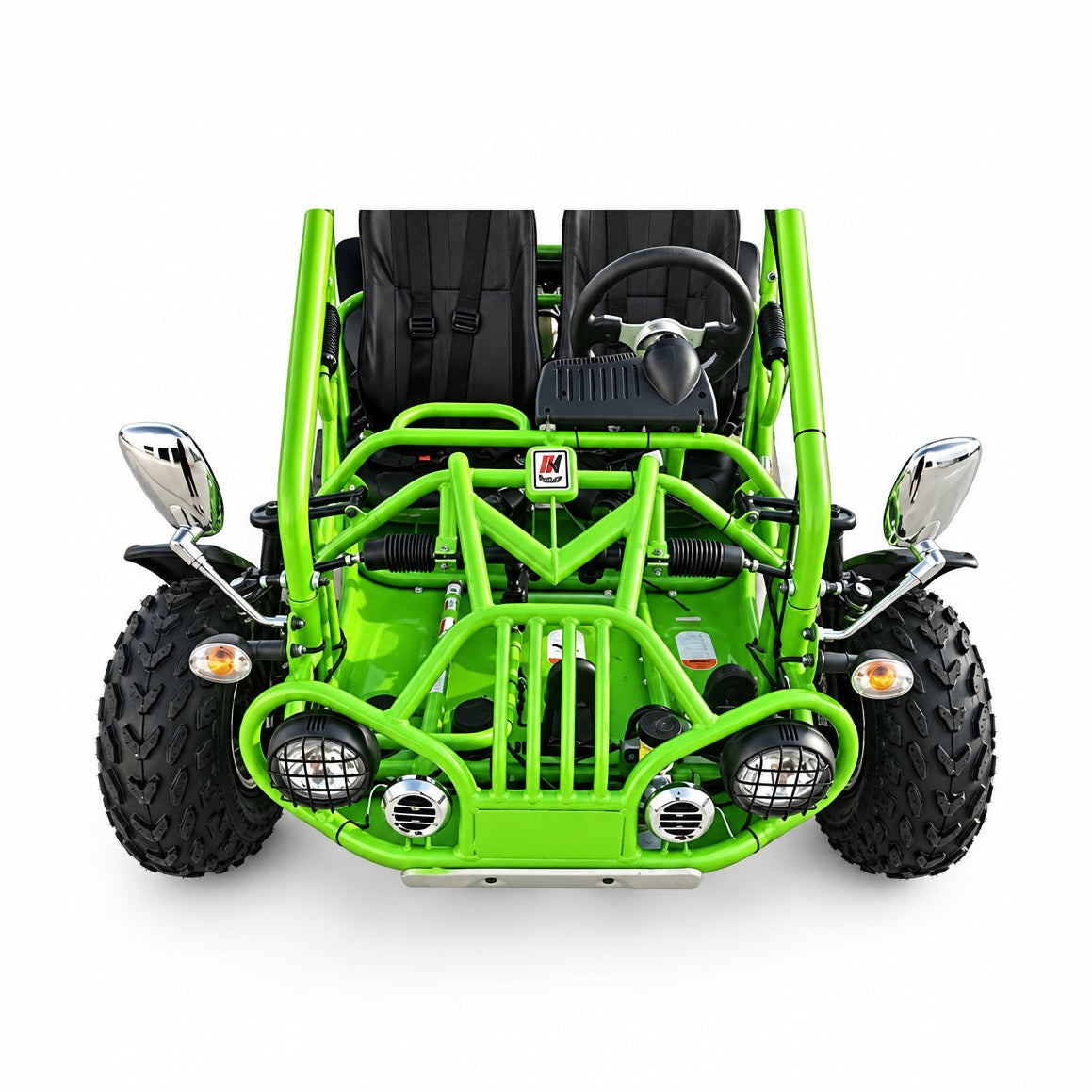 Front three-quarter view of green go kart with auxiliary lights and chrome mirrors