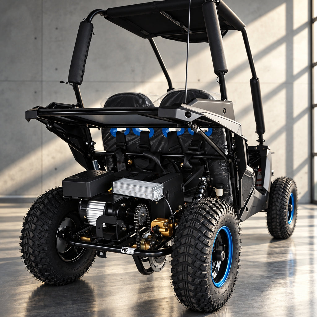 Rear three-quarter view of black TrailMaster Cheetah i6 with blue rims and gold differential