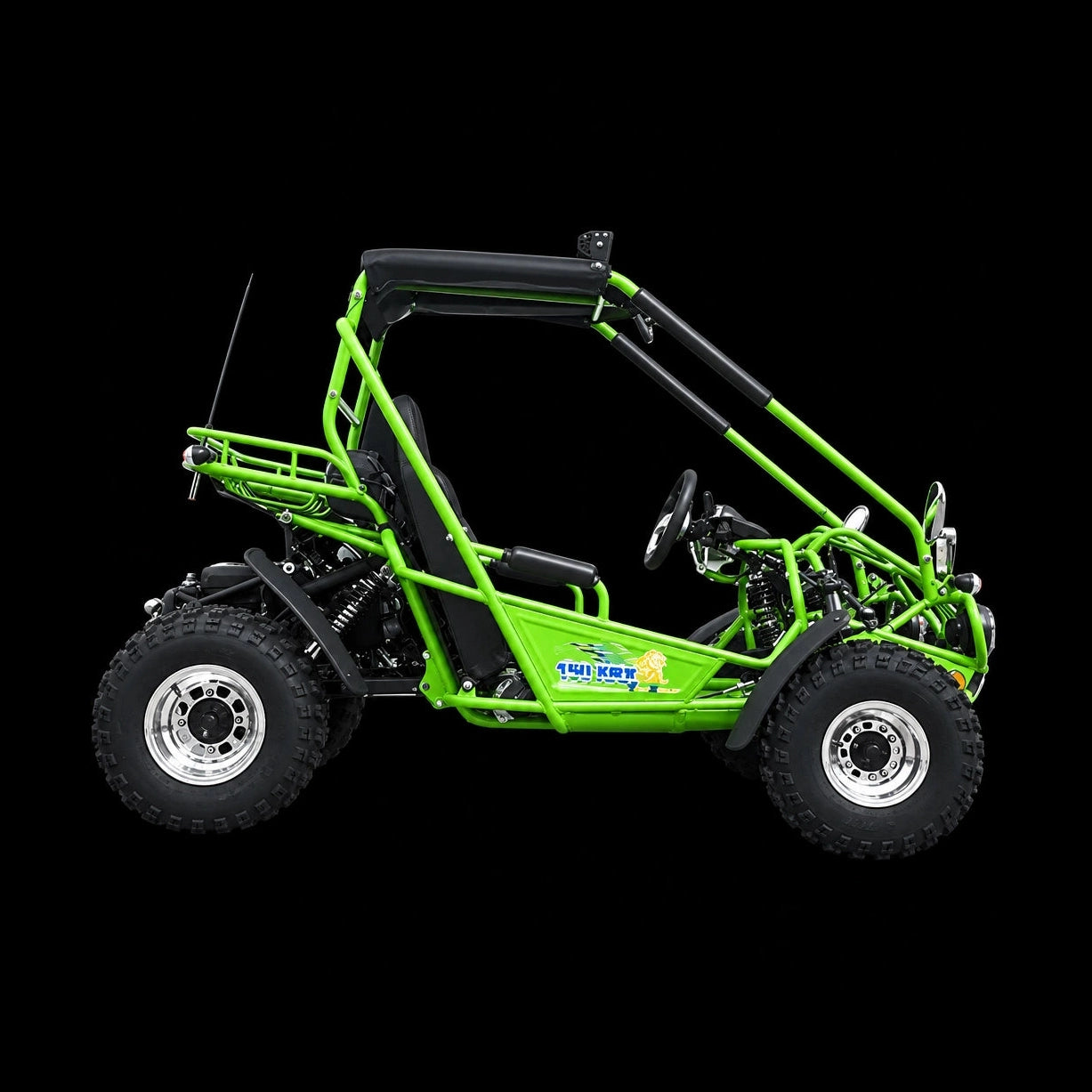 Side view of bright green Trailmaster XRX go kart with black roll cage and decals