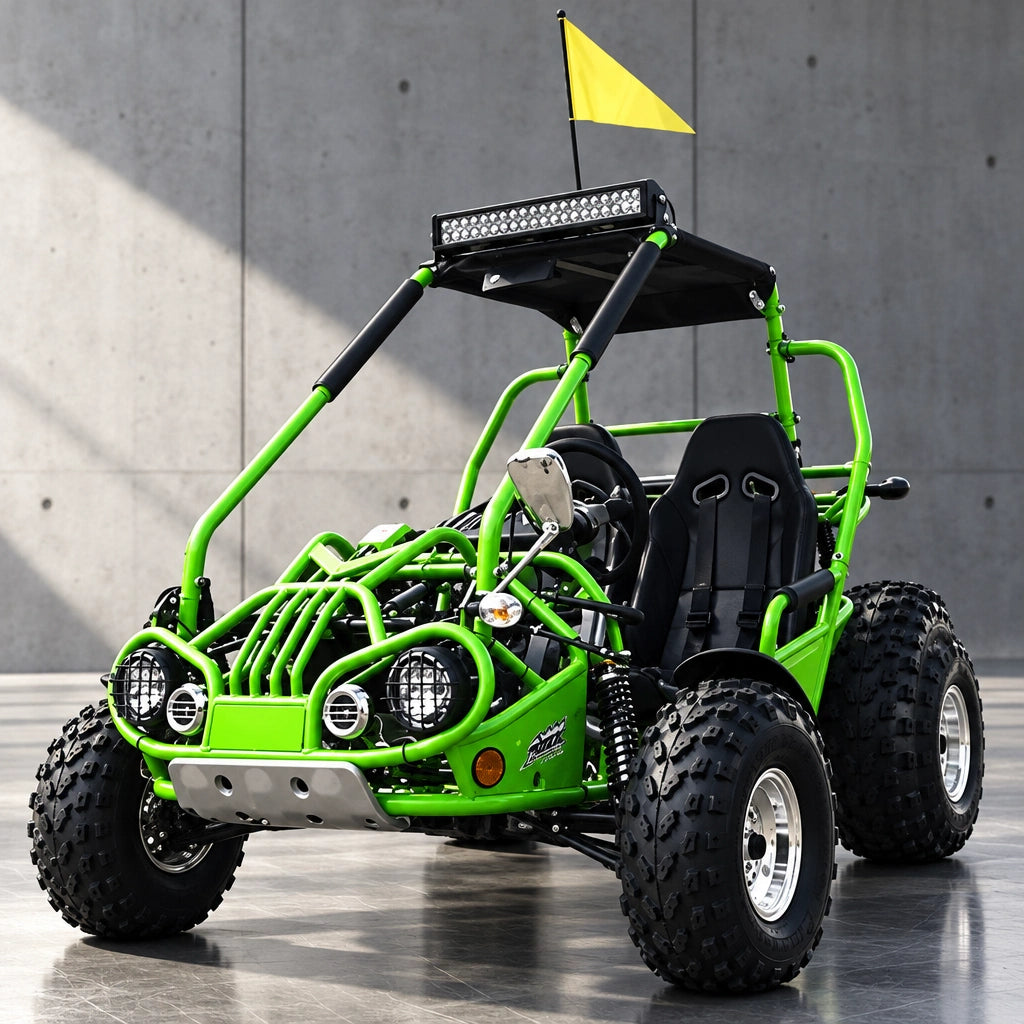 Green Trailmaster Ultra 200E-XRX go kart with black roll cage and yellow safety flag