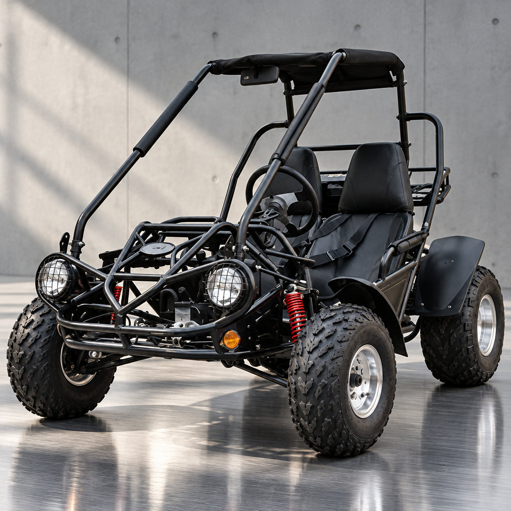 Black TrailMaster 200 XRS go kart with roll cage and canopy