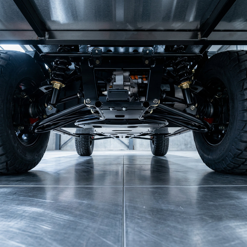 Undercarriage of Vitacci Rover golf cart with suspension, skid plate, and off-road tires