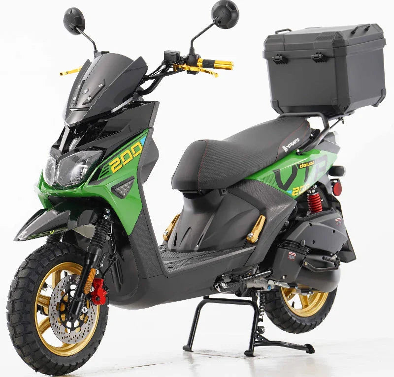 Green and black 200cc off-road scooter with gold wheels, rear cargo box, and dual disc brakes