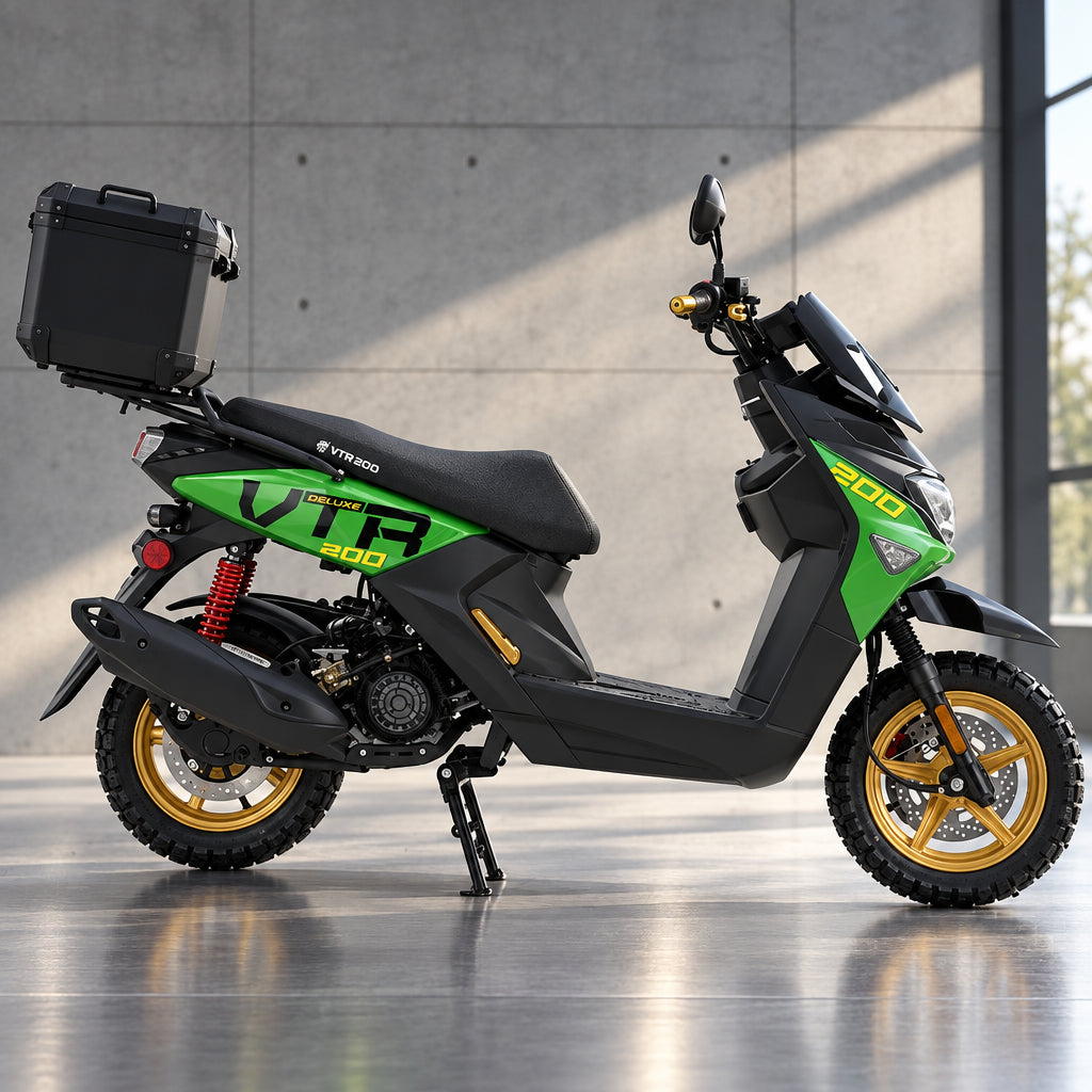 Green and black Fighter Pro 200cc scooter with gold wheels and rear cargo box