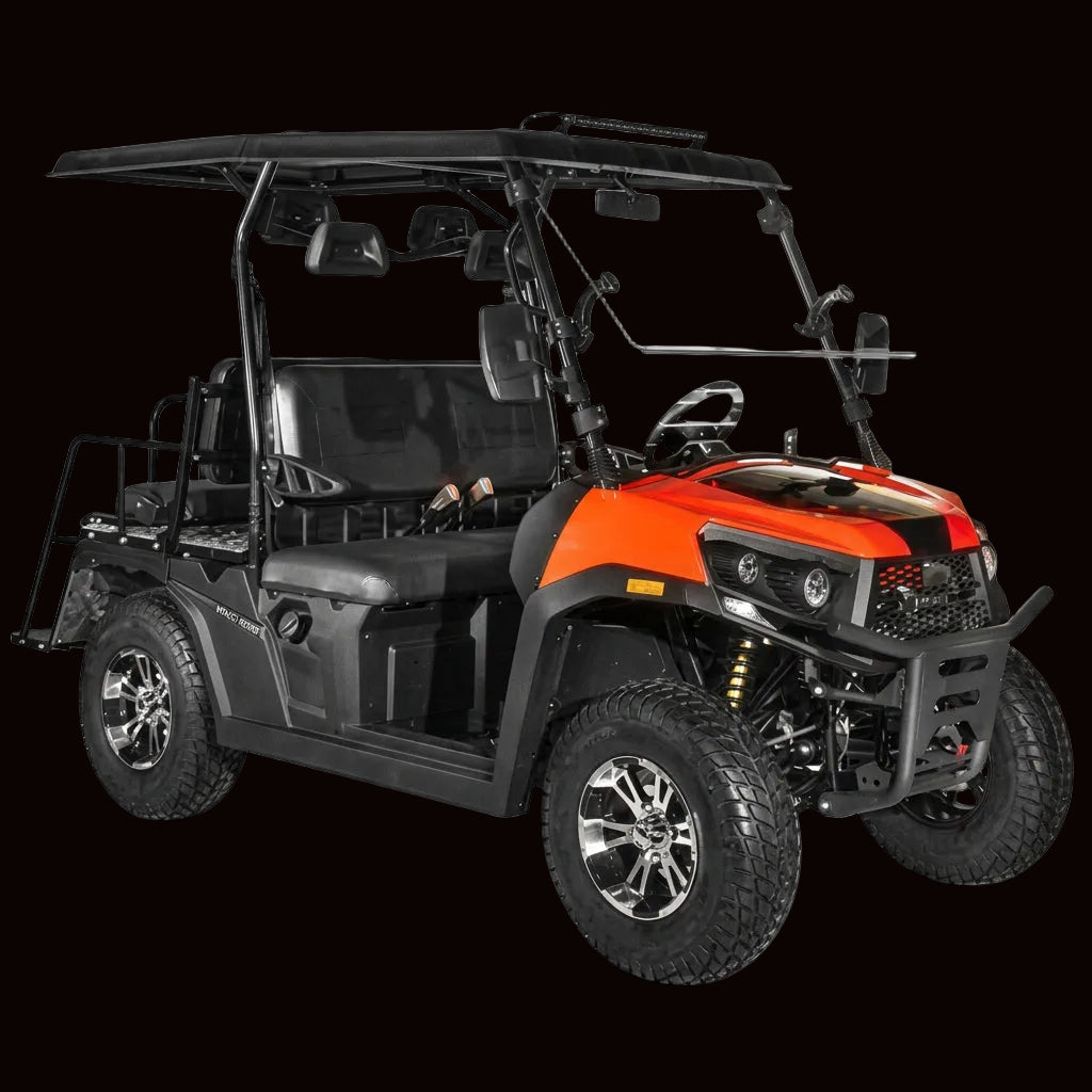 Orange and black Vitacci Rover 4-seat golf cart front-three-quarter view with chrome rims