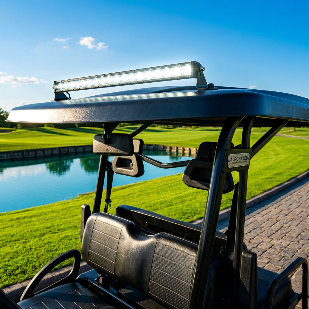 Vitacci Rover golf cart canopy with LED light bar and outdoor background