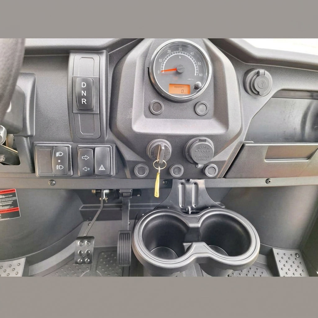 Vitacci Rover center console with gear selector, ignition, charge port, and cup holders