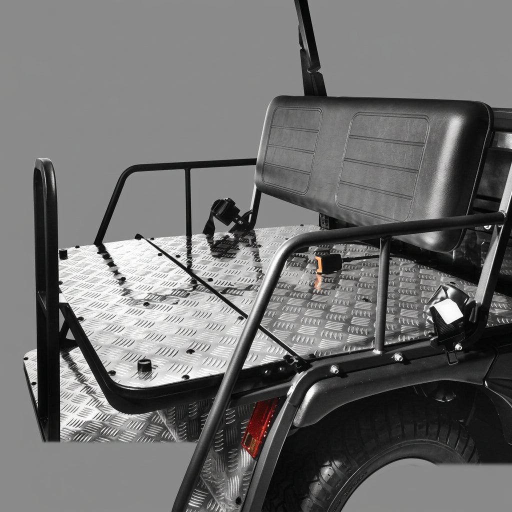 Vitacci Rover rear passenger area with diamond plate floor and black molded seats