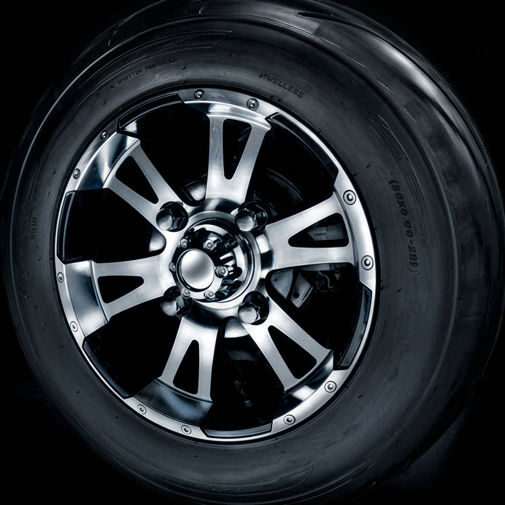 Close-up of silver multi-spoke alloy wheel on Vitacci Rover golf cart tire